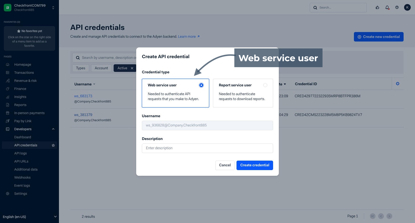 Create API credentials modal with annotation pointing to the Web services user option.