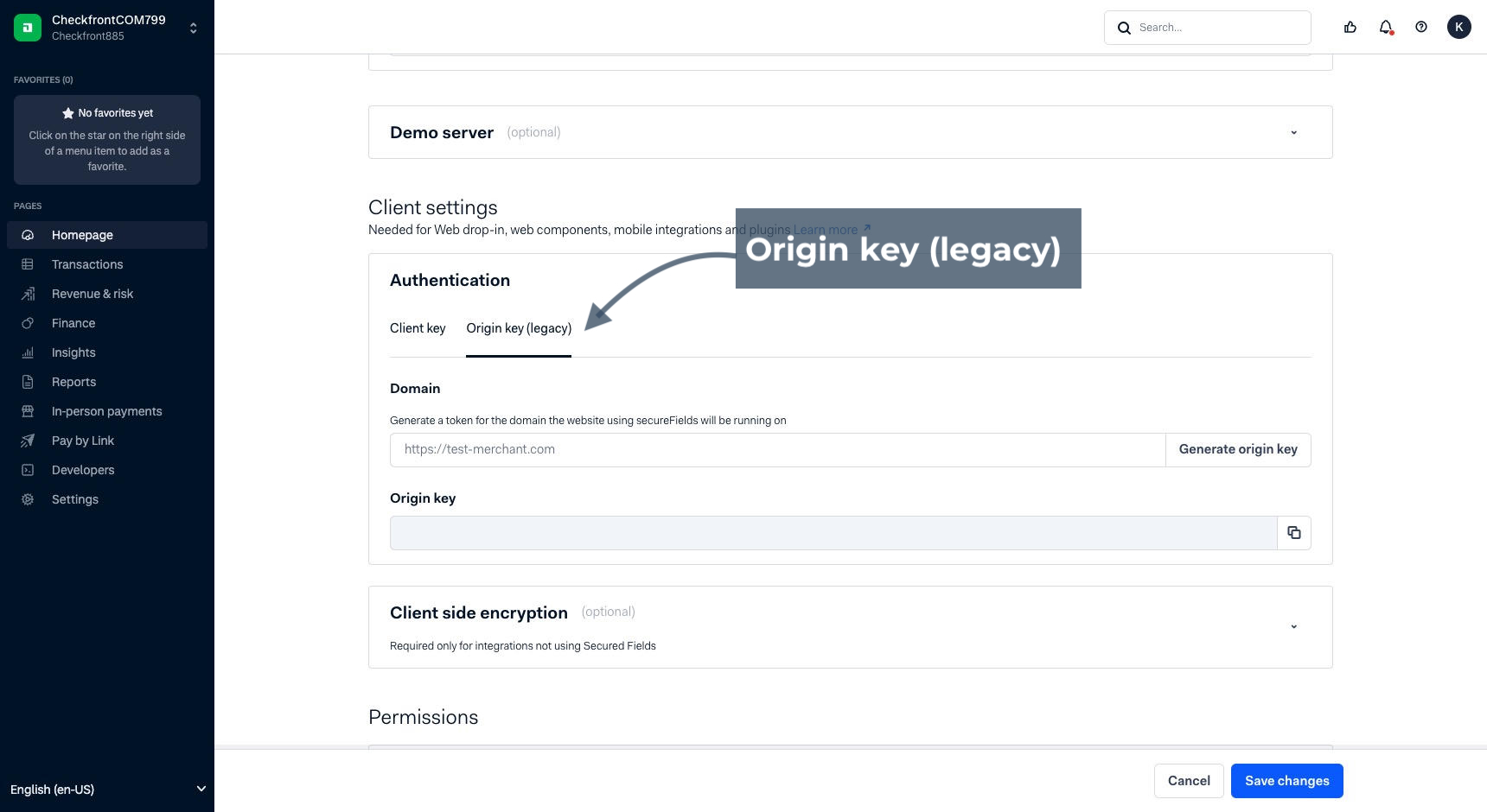 Adyen client settings page with focus to Origin key tab.