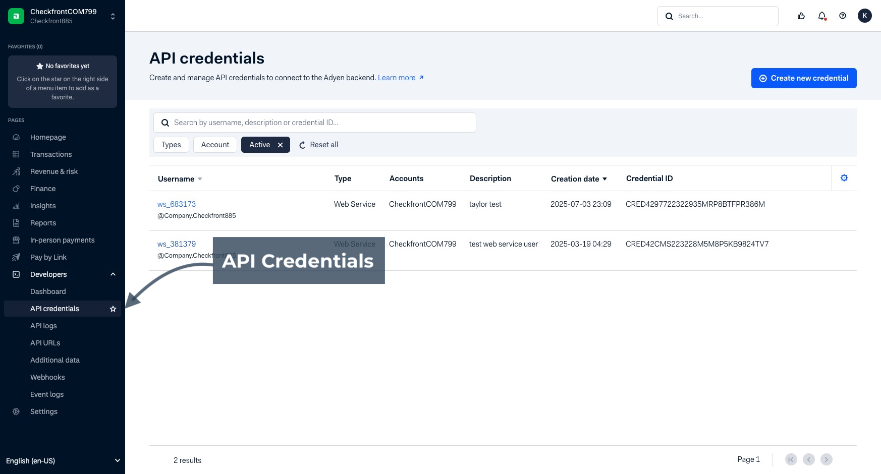 Adyen API credentials page via option in the side menu.