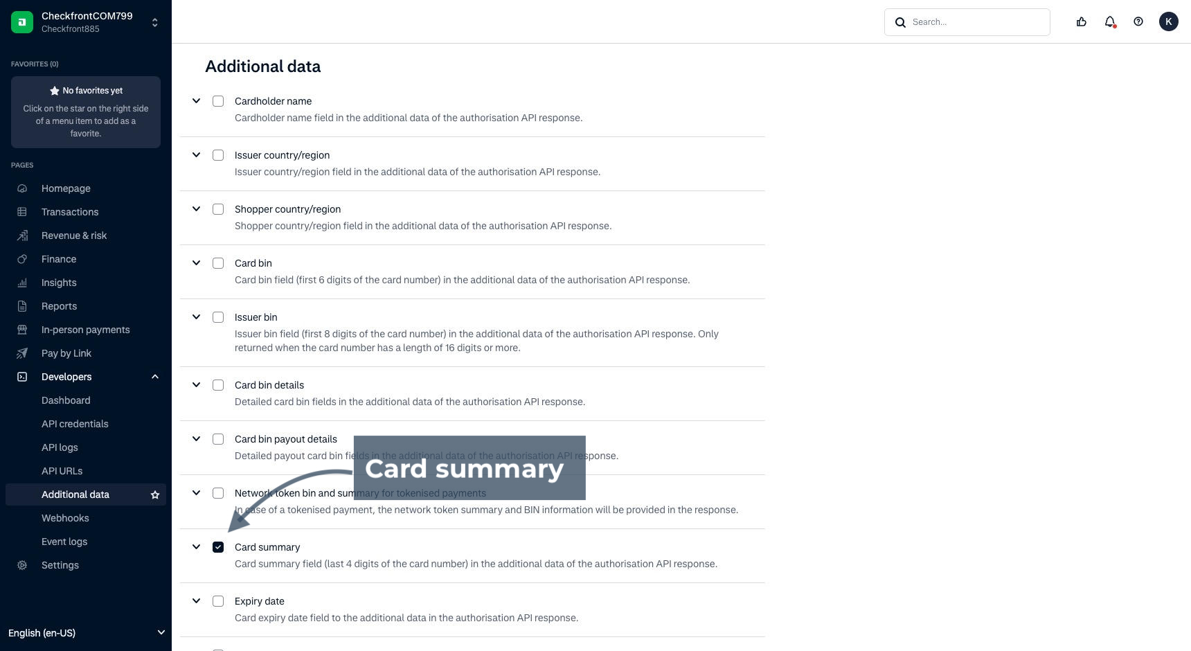 Additional data settings with annotation pointing to the card summary setting.