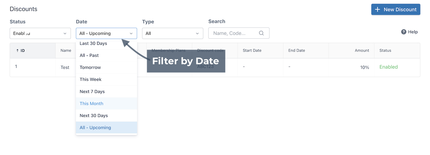 Discounts page with annotation pointing to date filter.
