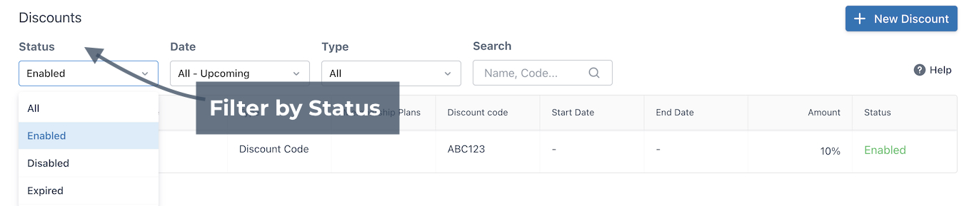 Discounts page with filter pointing to status filter.