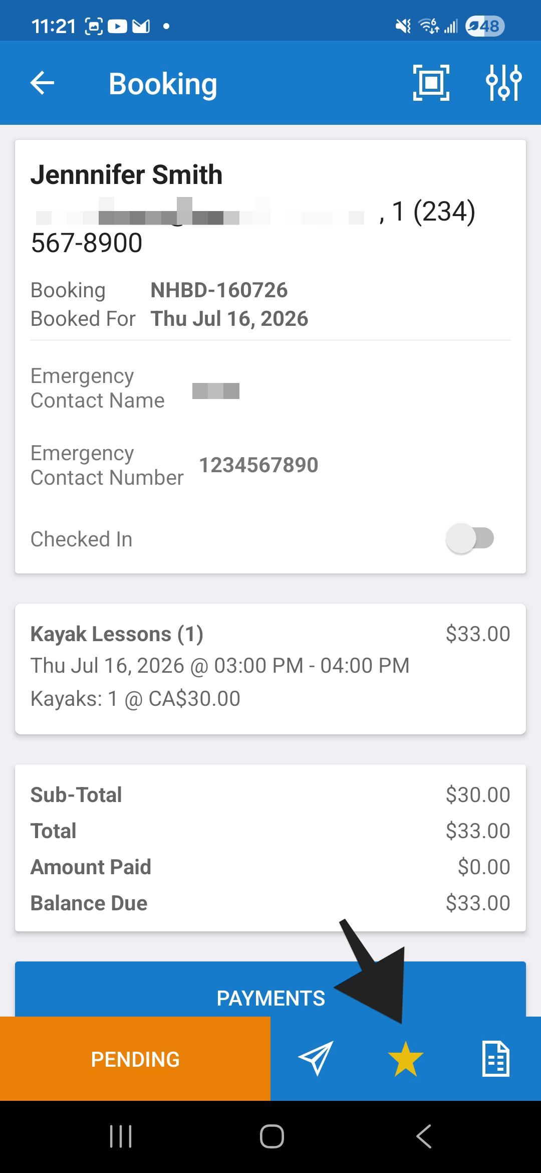 Android app booking details screen with annotation pointing to bookmark icon.