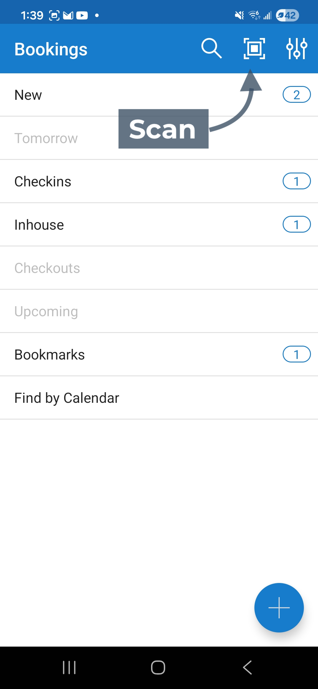 Android app booking details screen with annotation pointing to scan icon.