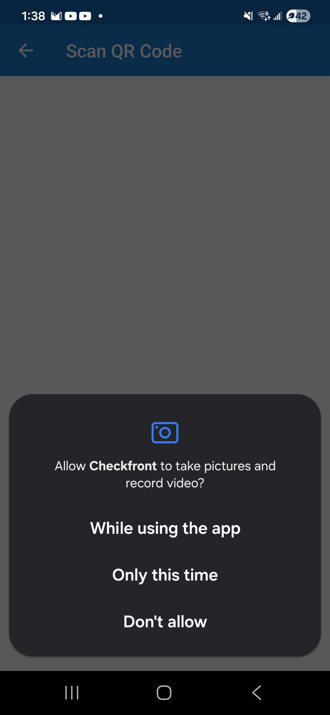 Android prompt to allow Checkfront to take pictures and record audio with options to allow while using the app, only this time, or don't allow.