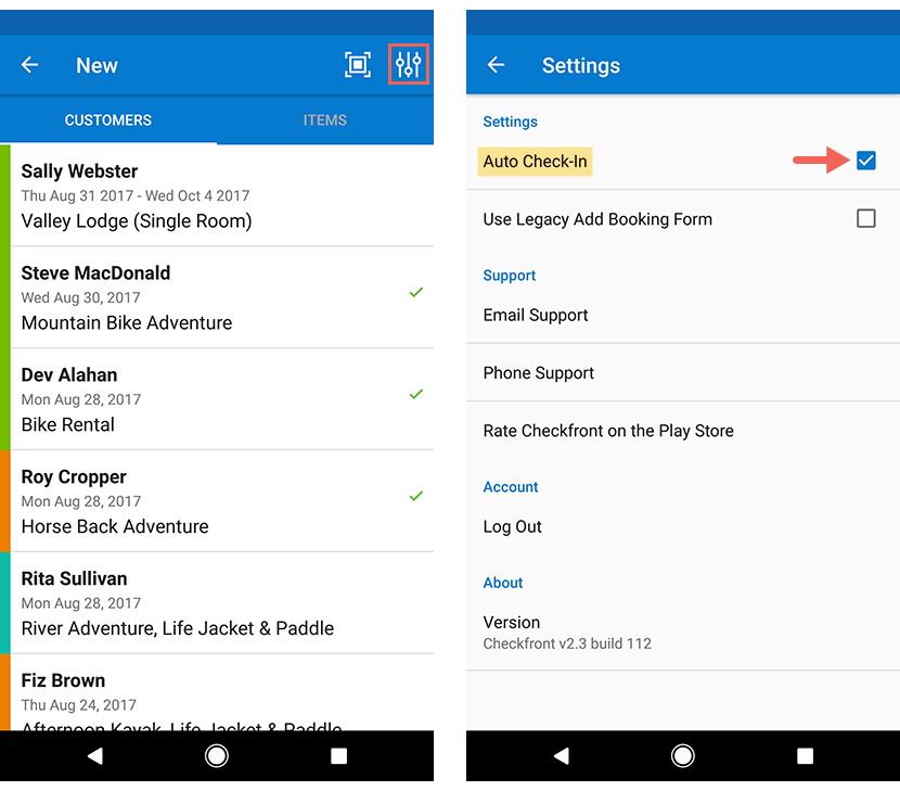 Mobile app screens showing customer bookings list with filter option highlighted on the left and Settings page with Auto Check-In checkbox selected on the right.