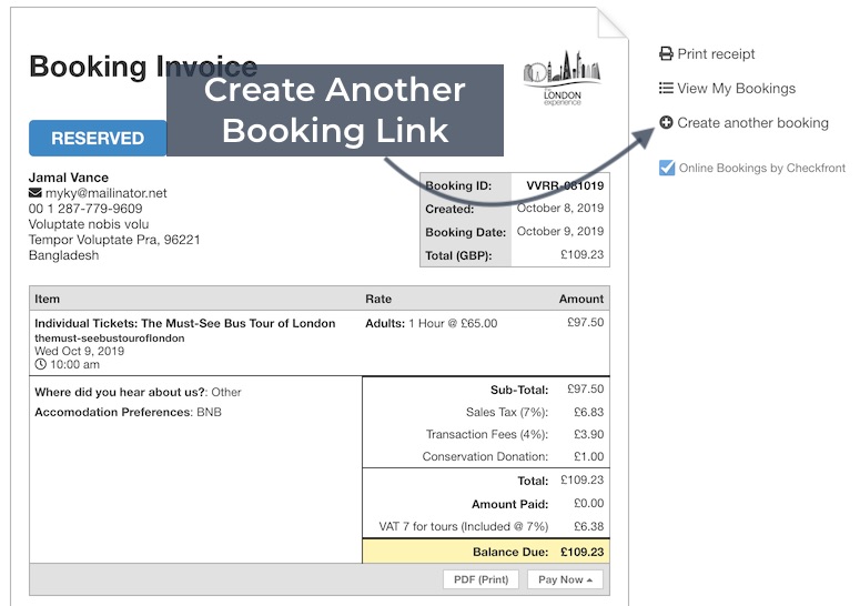Invoice Options Booking link