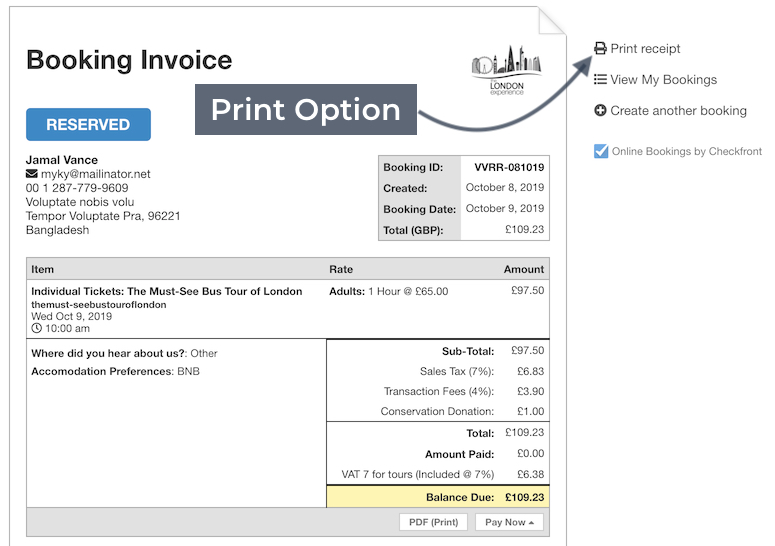 Invoice Options Print