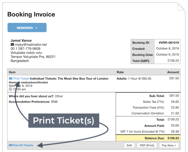 Invoice Options Ticket Printing