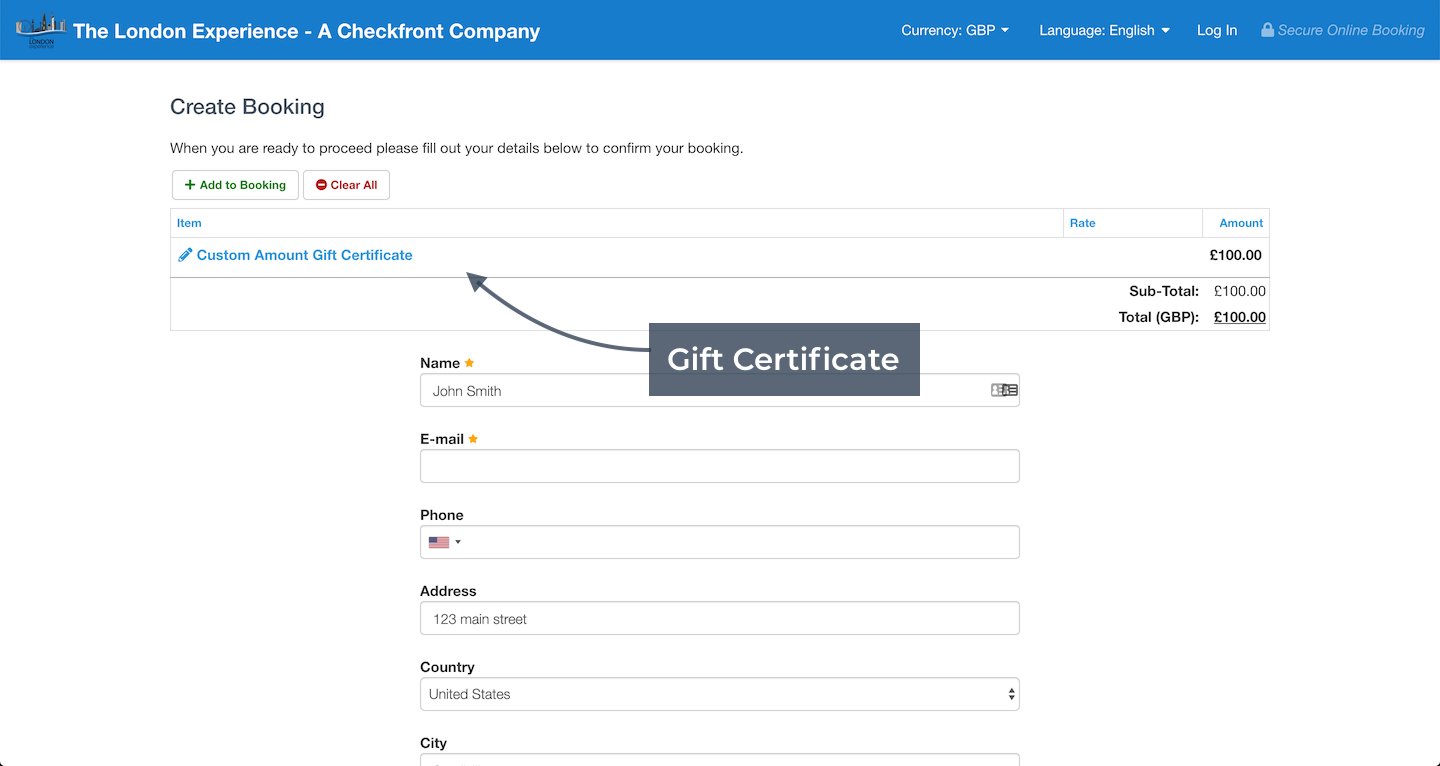 Create Booking Gift Certificate
