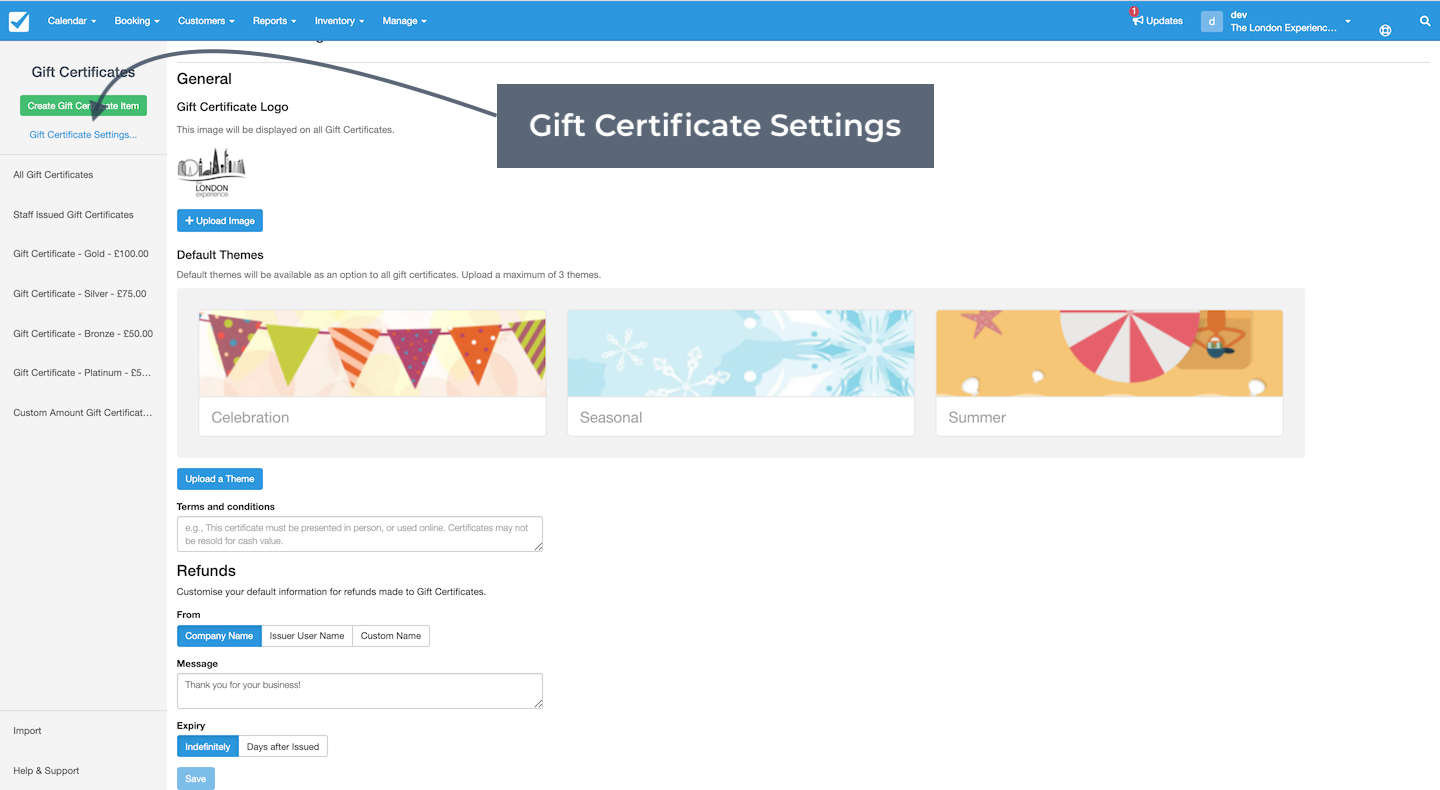Gift Certificate Settings