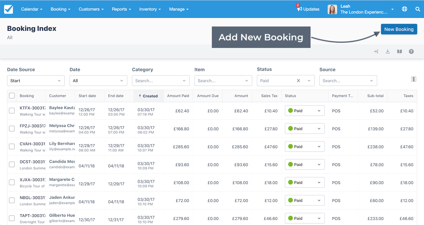 Booking Index Add New Booking