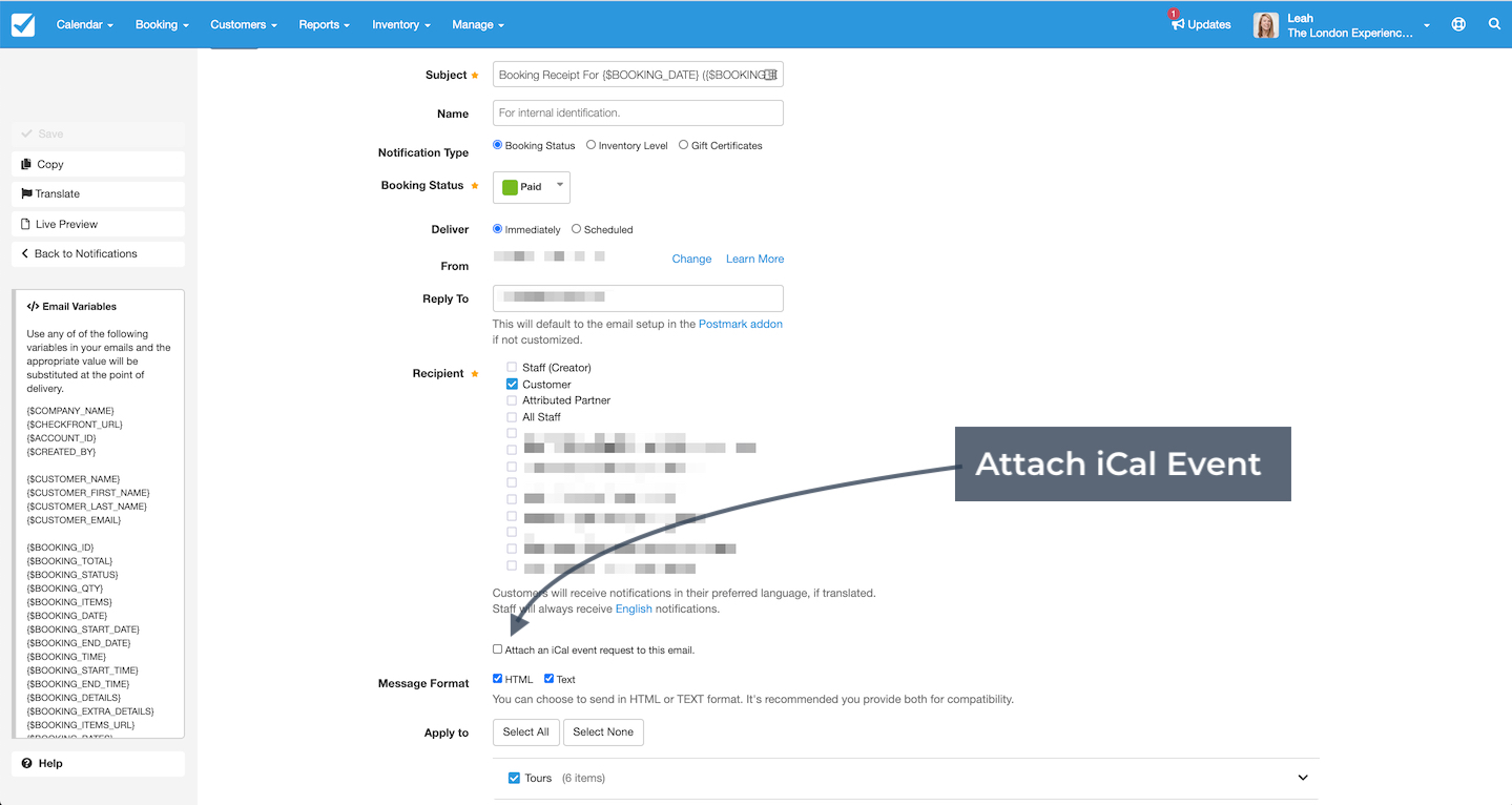 Setting up iCal for Booking Notifications Checkfront