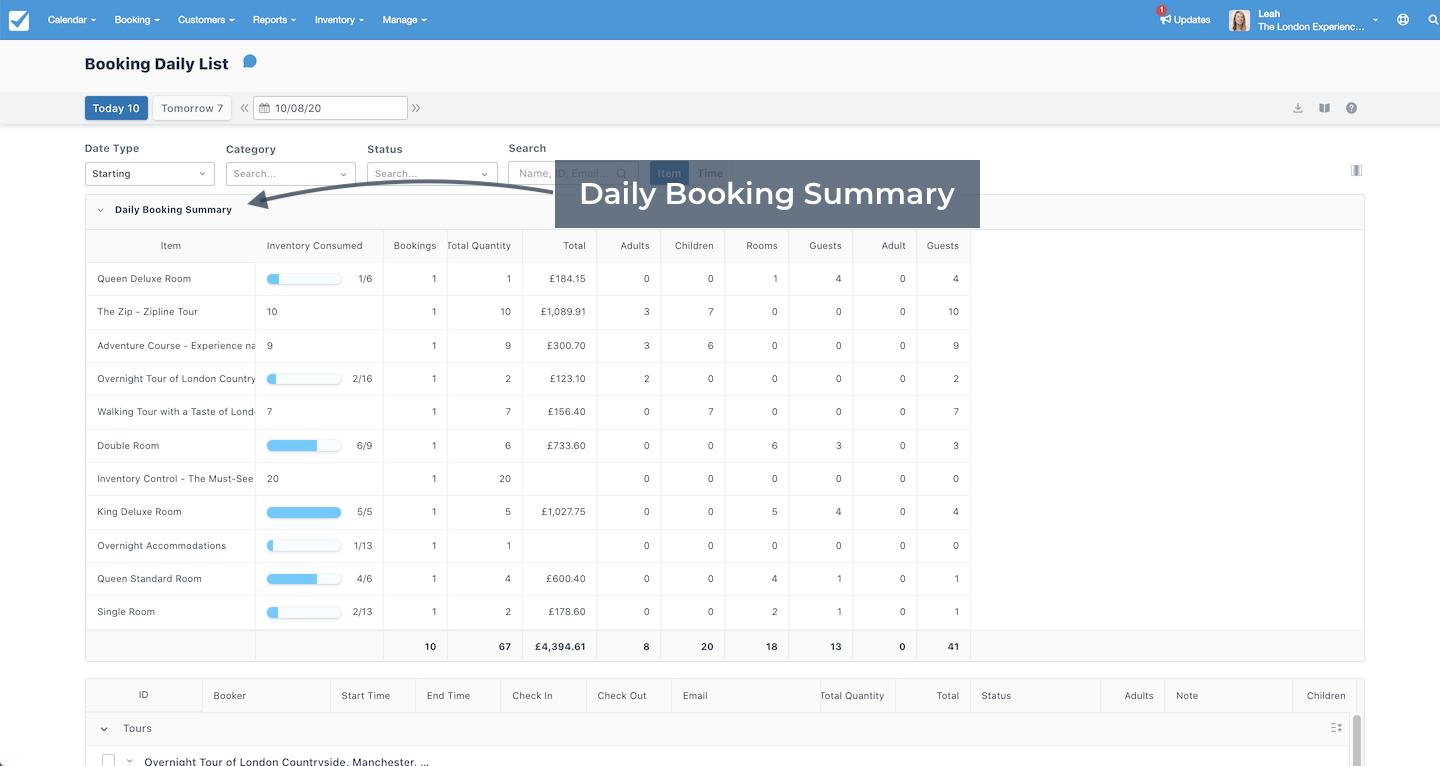 Daily Booking Summary