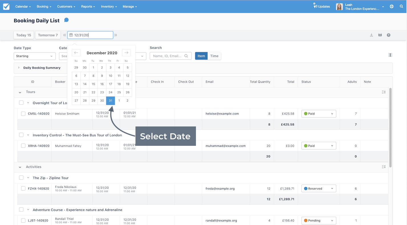 Booking Daily List Select