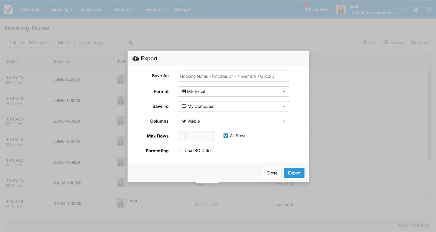 Booking Notes Export Modal