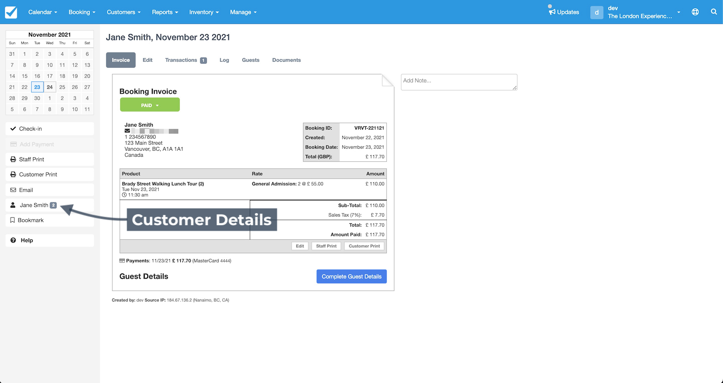 Booking Customer Details