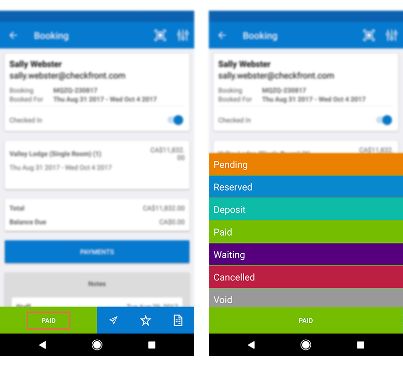 Android Mobile Booking Status