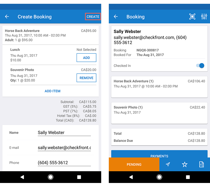 Android App Create Booking