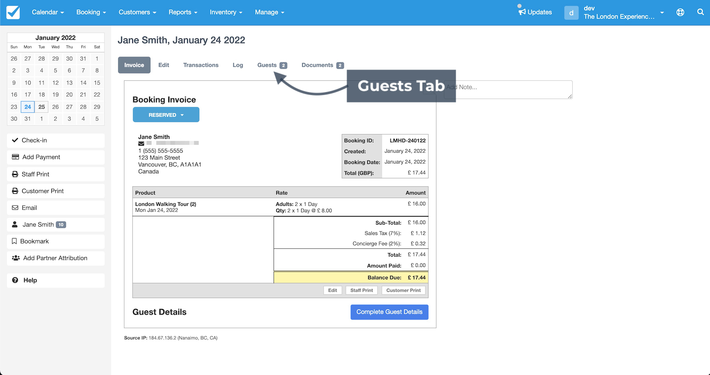 Guest Form Invoice Guests Tab