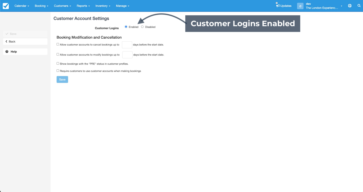 Customer Account Logins Enabled