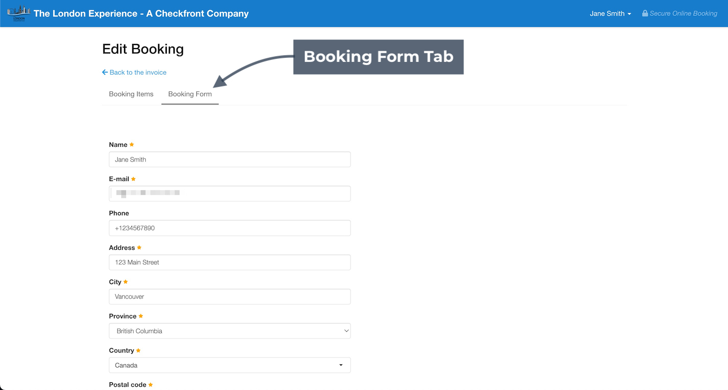Customer Account Booking Form Tab