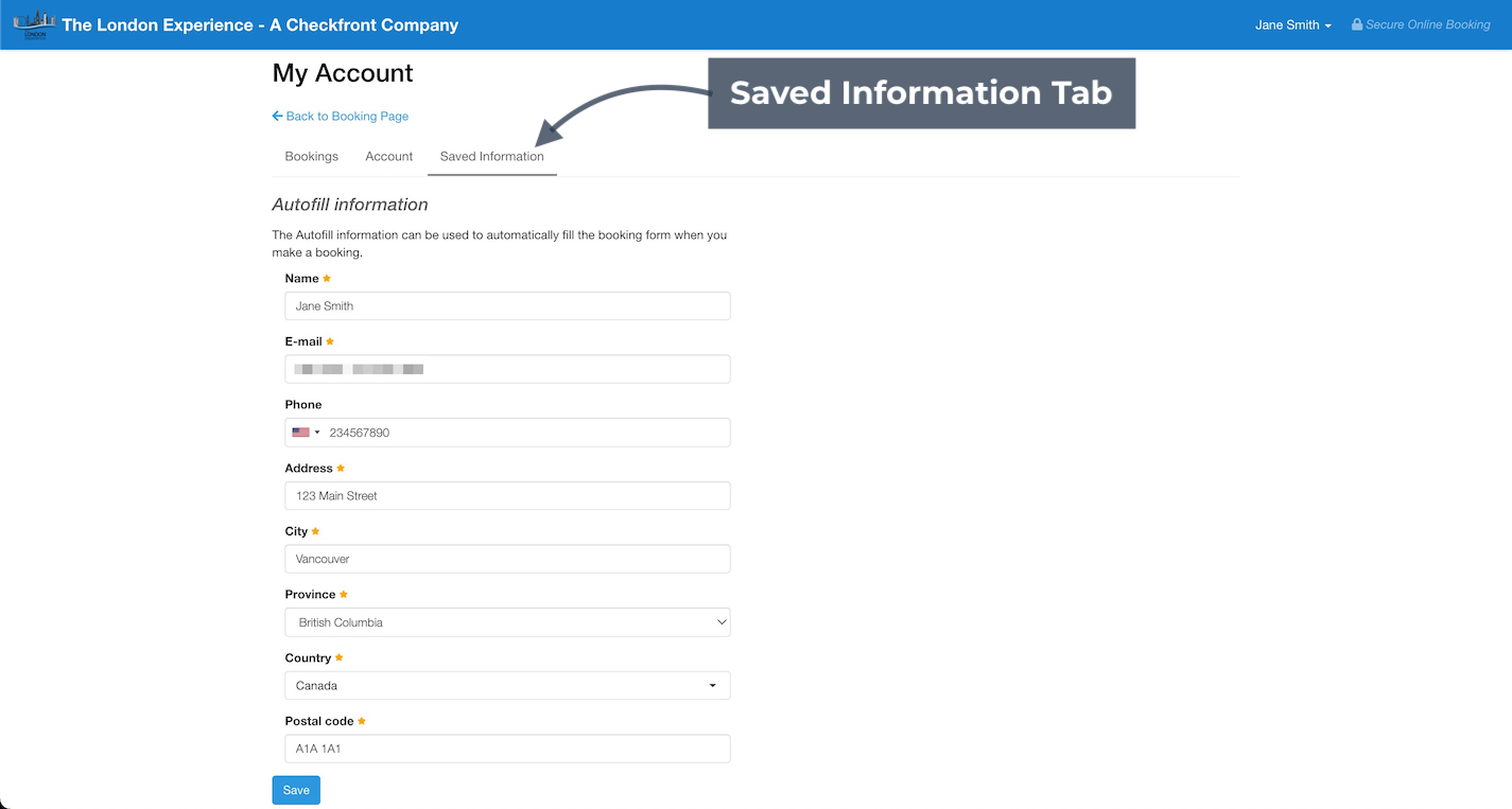 Customer Accounts Saved Information Tab