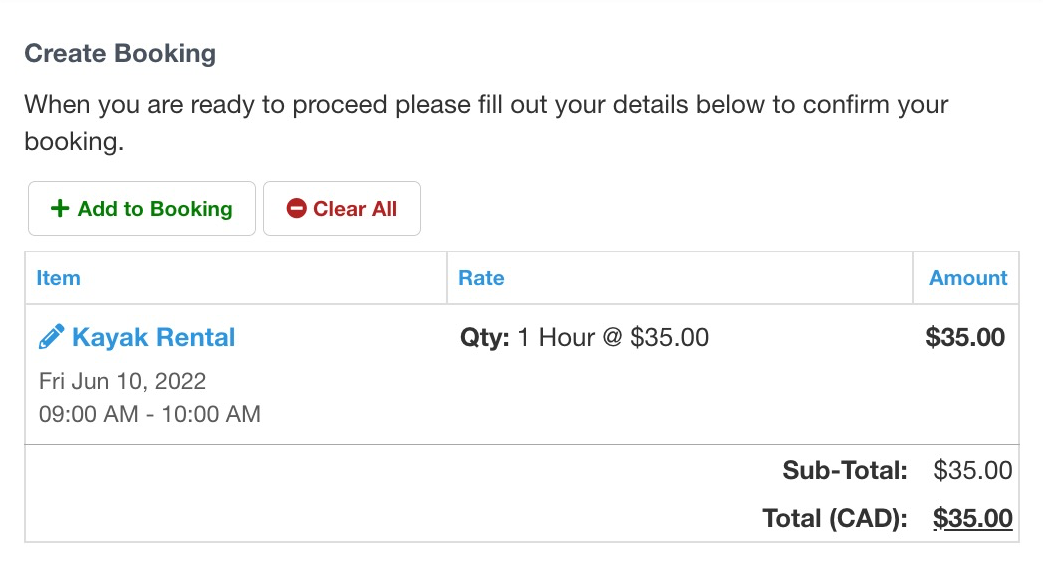 Create Booking page showing Base Rate