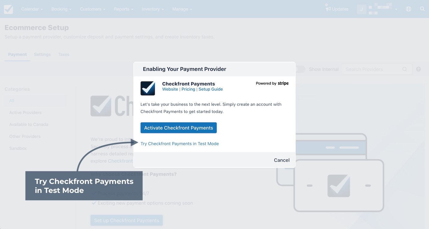 Try Checkfront Payments in Test Mode